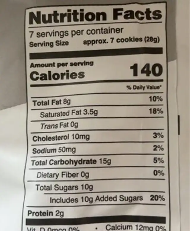 Classic cookie nutrition facts table