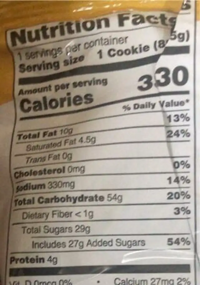 Classic Cookie nutrition facts table