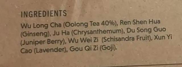 Her tea ingredients label