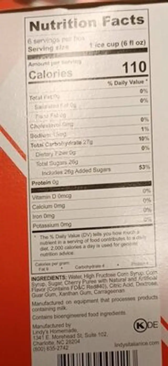Italian ice nutrition facts table