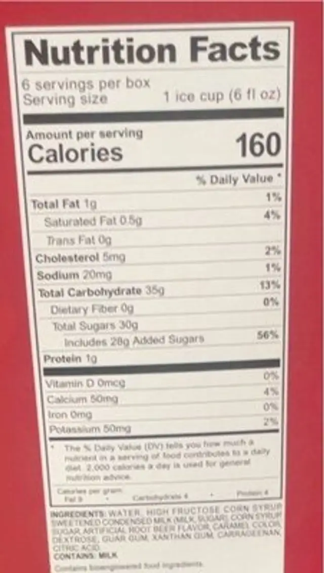 Italian Ice Root Beer Float nutrition facts table
