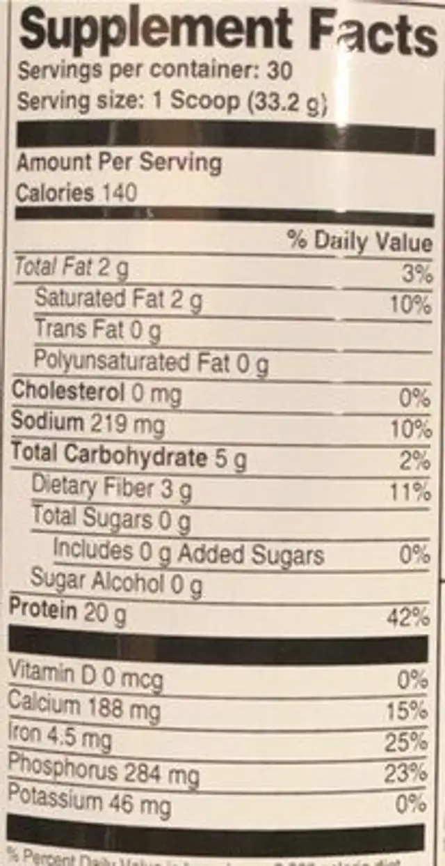 Super Shake nutrition facts table
