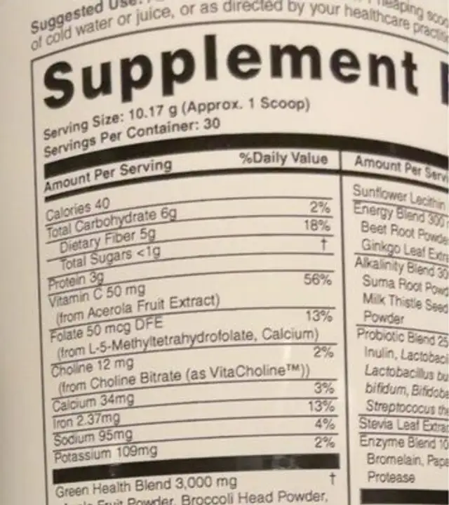 Pro Lean Greens nutrition facts table