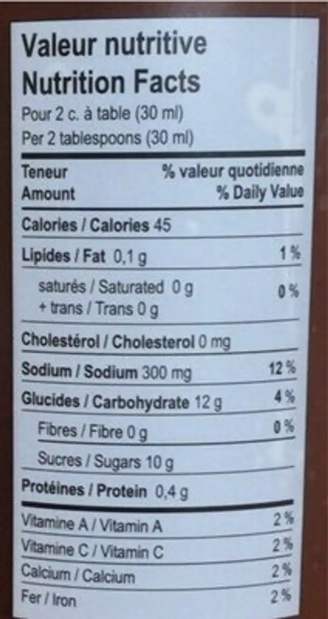 Sauce barbecue à la bière rousse nutrition facts table