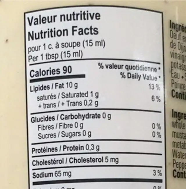 Classic mayonnaise nutrition facts table