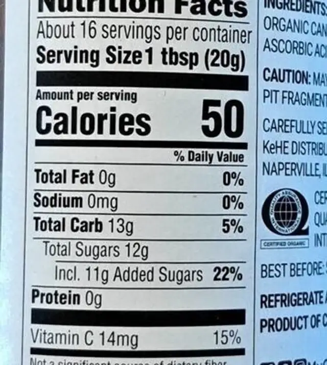 Preserve apricot organic nutrition facts table