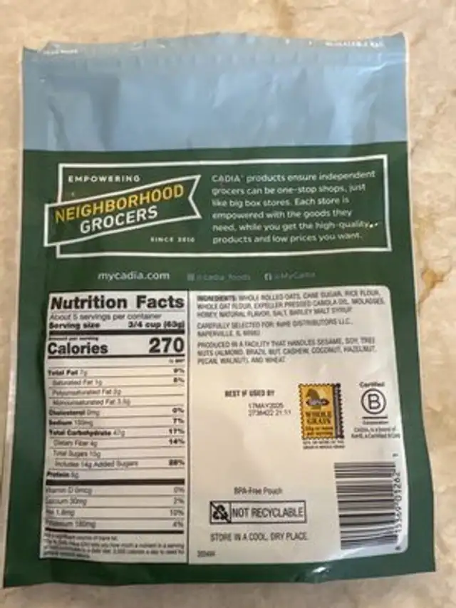 Granola ingredients label