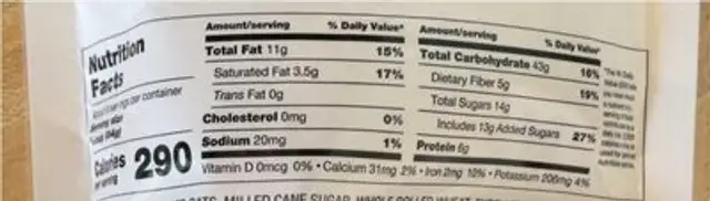 Honey Almond Granola nutrition facts table