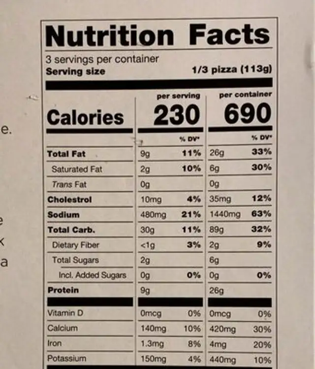 Organic Spinach & Pesto Wood-Fired Italian Pizza nutrition facts table