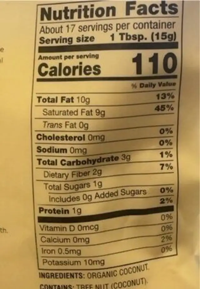 Organic shredded coconut nutrition facts table