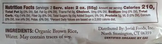 Gluten free organic brown rice pasta nutrition facts table