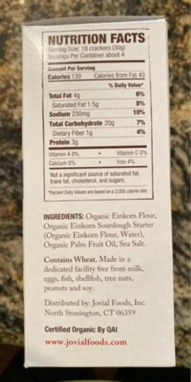 Crackers, Organic Einkorn Sourdough, Sea Salt nutrition facts table