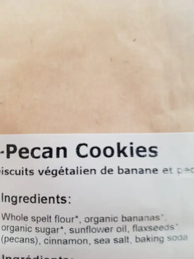 Vegan Banana Pecan Cookies ingredients label