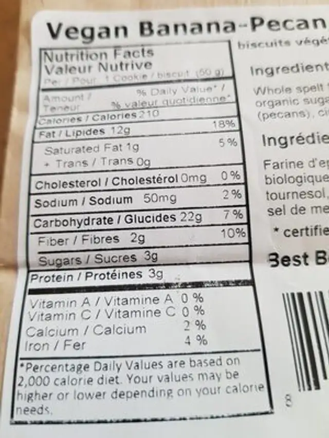 Vegan Banana Pecan Cookies nutrition facts table