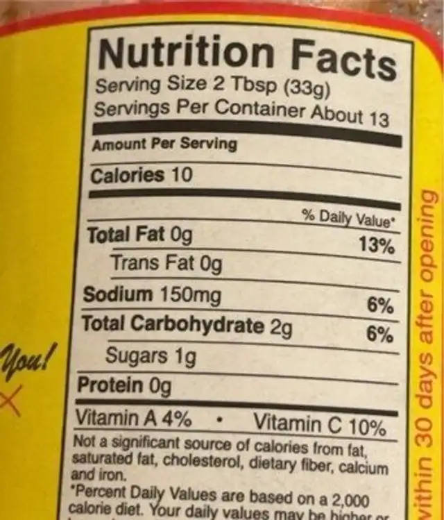 Hot Salsa nutrition facts table