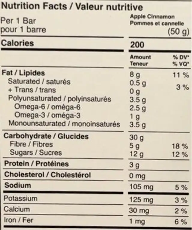 Fruit Bars - Apple Cinnamon nutrition facts table