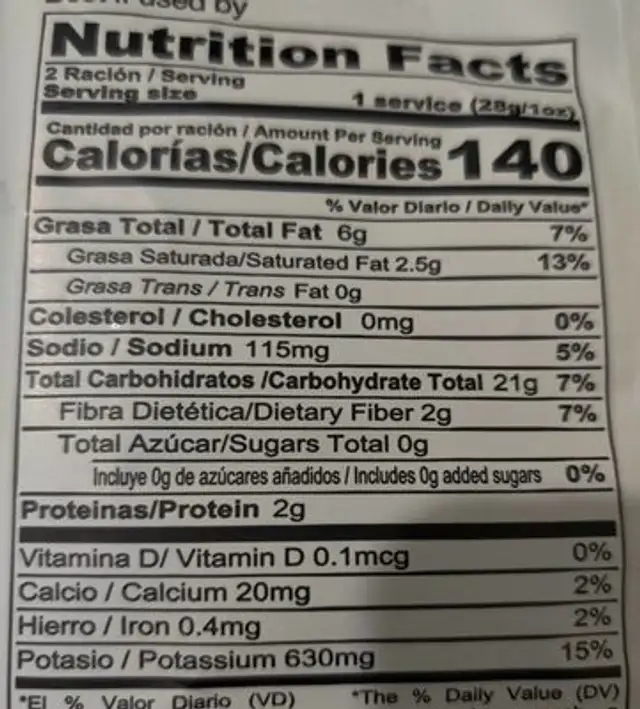 Malanga nutrition facts table