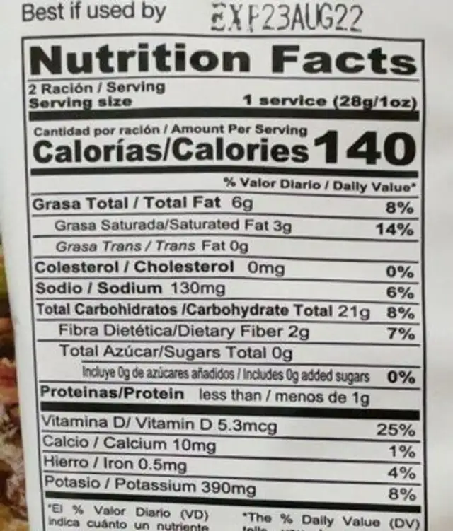 Yuquitas nutrition facts table