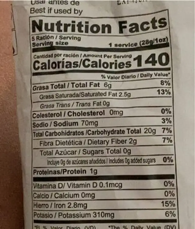 Plantain scoops nutrition facts table