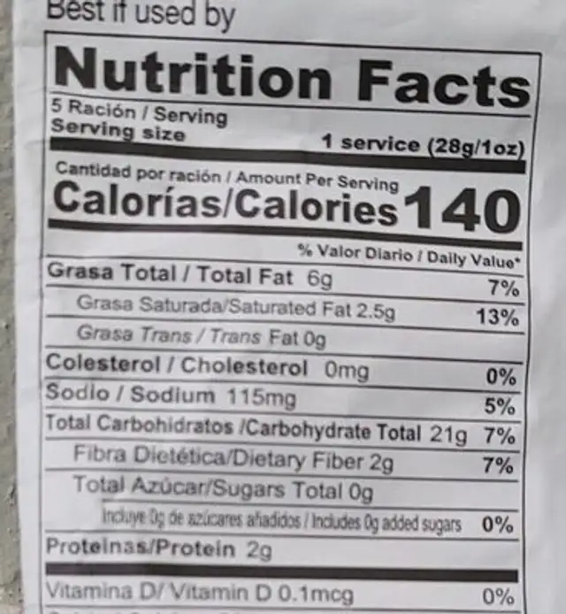 Taro chips nutrition facts table