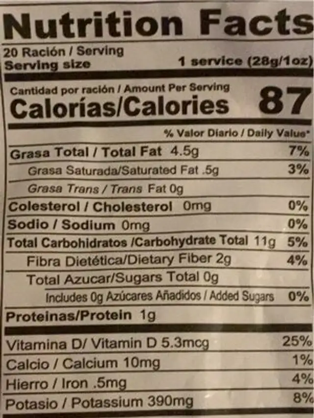 Palitos de Yuca nutrition facts table