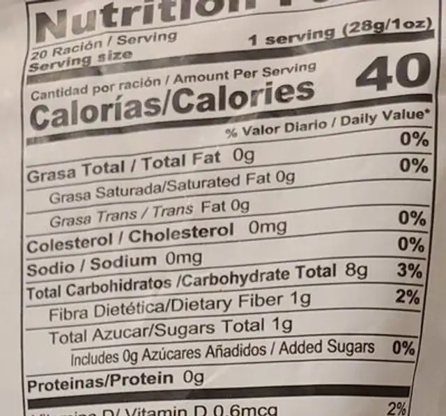 Palitos de malanga nutrition facts table