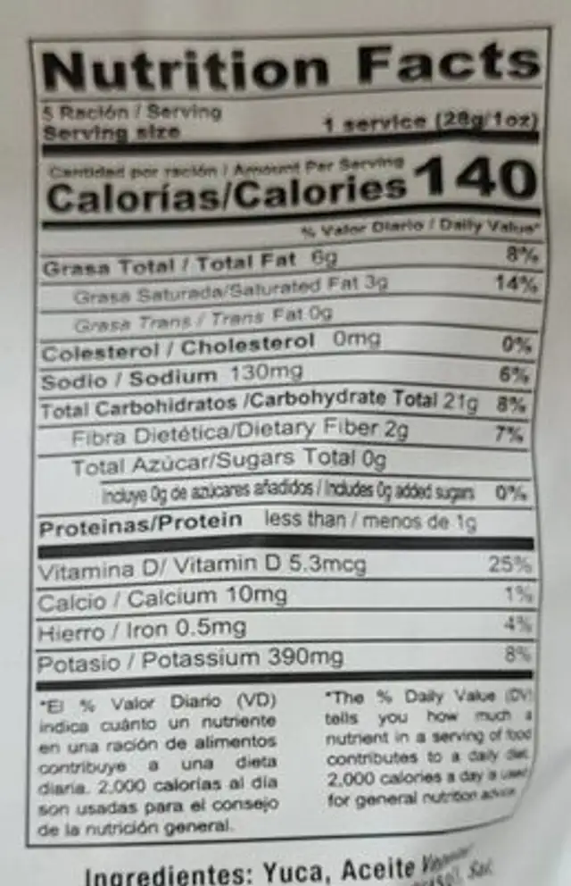 Crutones de yuca nutrition facts table