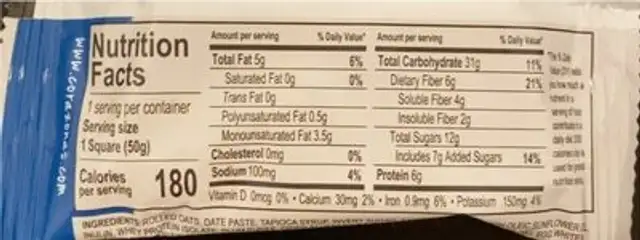 Oatmeal squares blueberry nutrition facts table