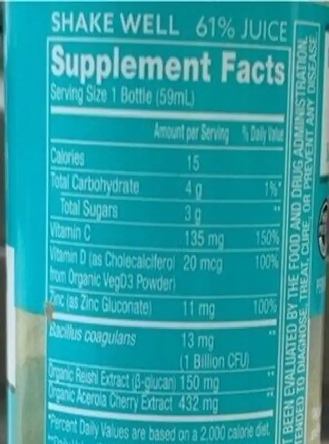 Vitamin D &Zinc Shot wuth Reishi&Probiotics nutrition facts table