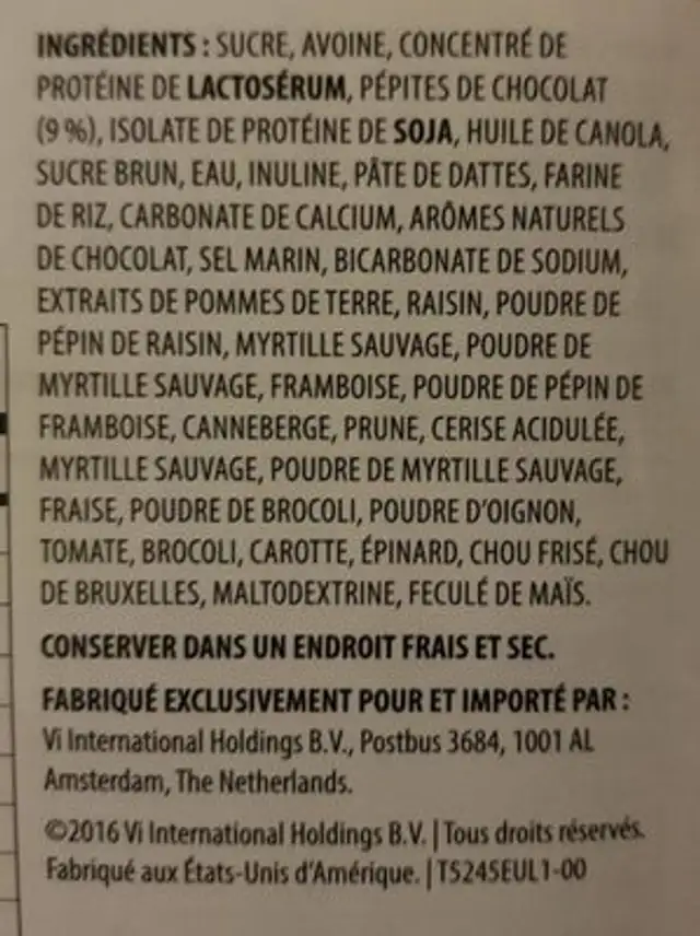 Nutra-cookie ingredients label