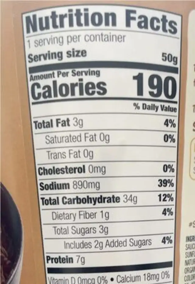 Ramen nutrition facts table