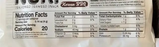 Kim Nori Seasoned Seaweed Snack - Korean BBQ nutrition facts table