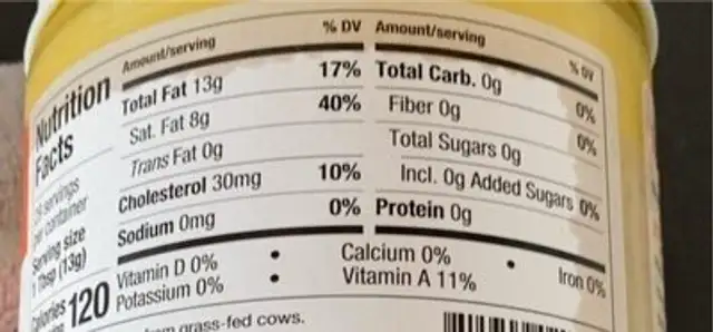 Grass-fed ghee quality clarified butter fat from nutrition facts table