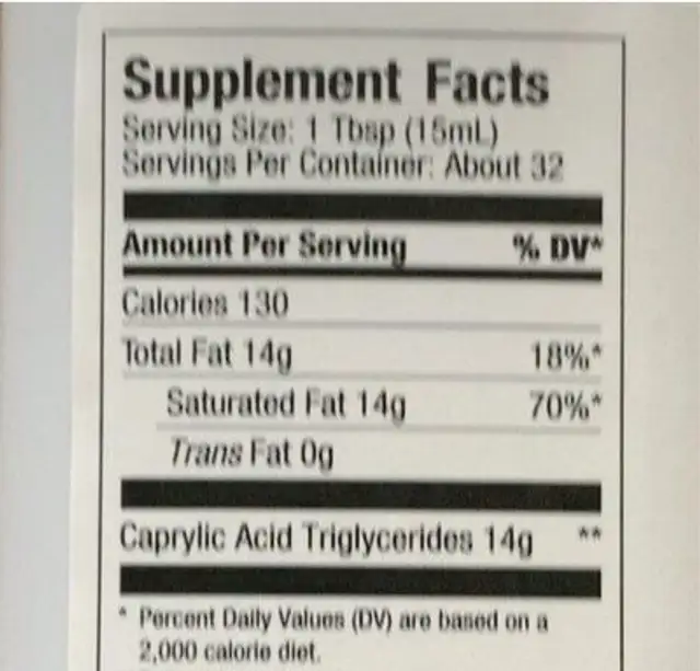 Brain octane c8 MCT OIL nutrition facts table