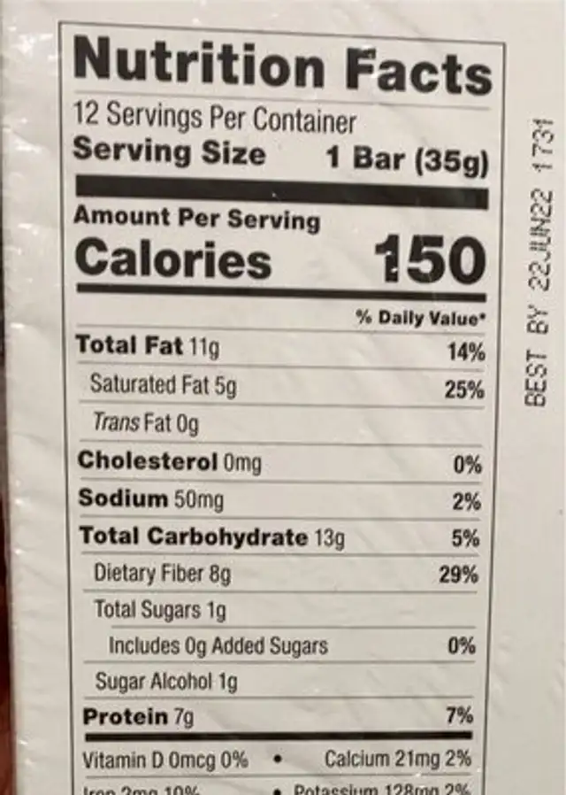 Collagen Bar nutrition facts table