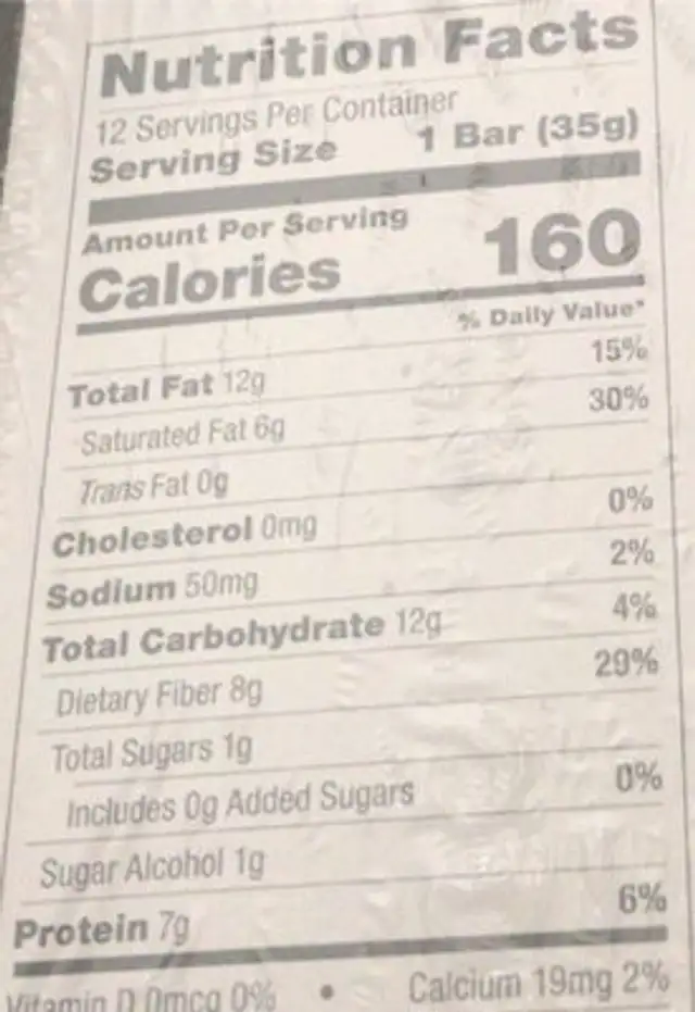 Collagen Bar nutrition facts table
