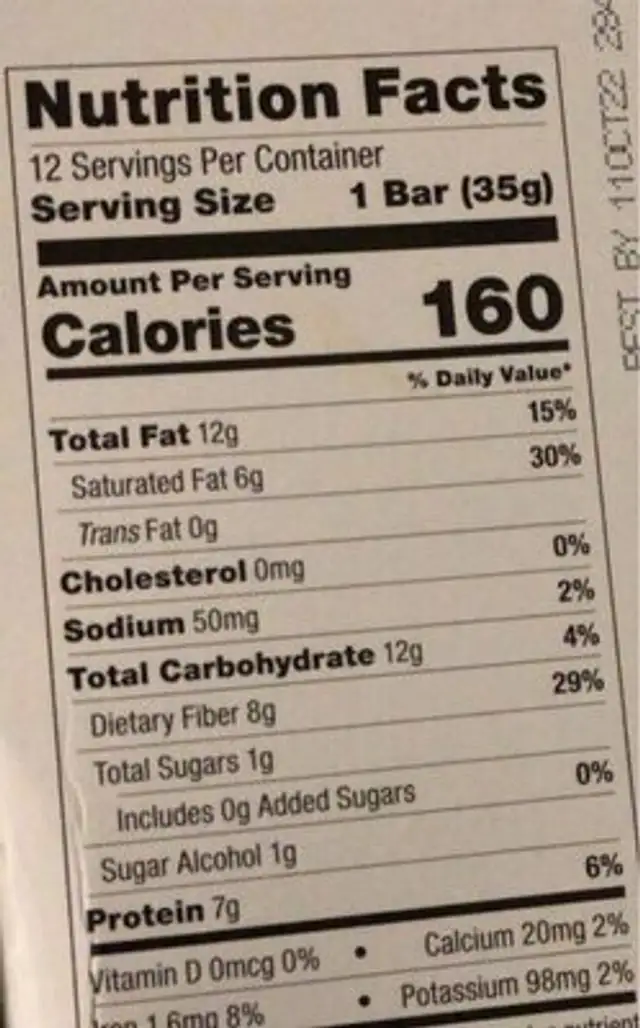 Chocolate dipped collagen bar nutrition facts table