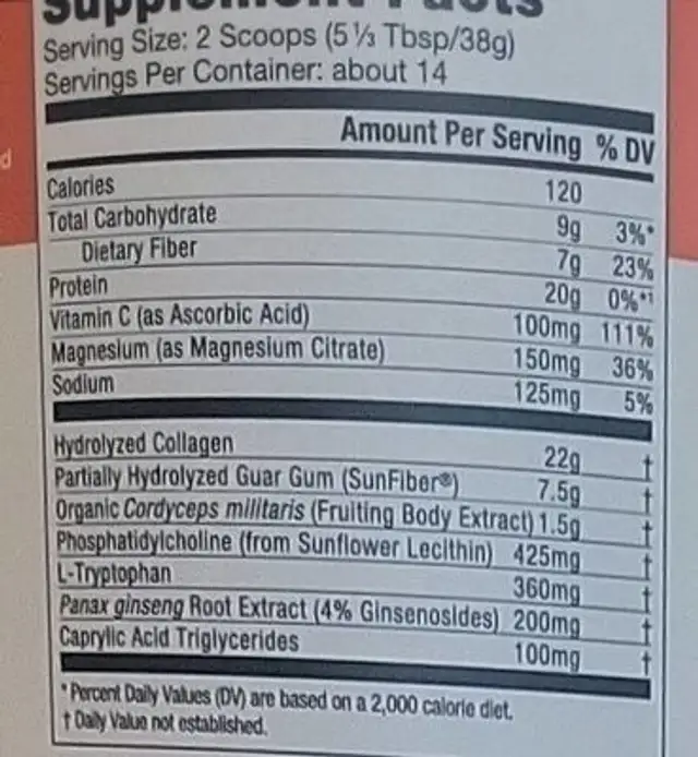 Bulletproof Energy Collagen protein nutrition facts table
