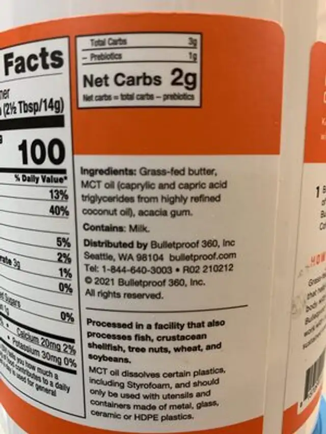 Original Creamer ingredients label