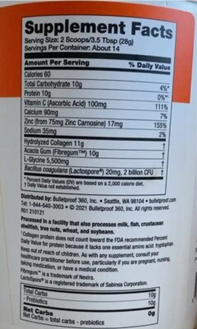 Gut Health Collagen Protein nutrition facts table