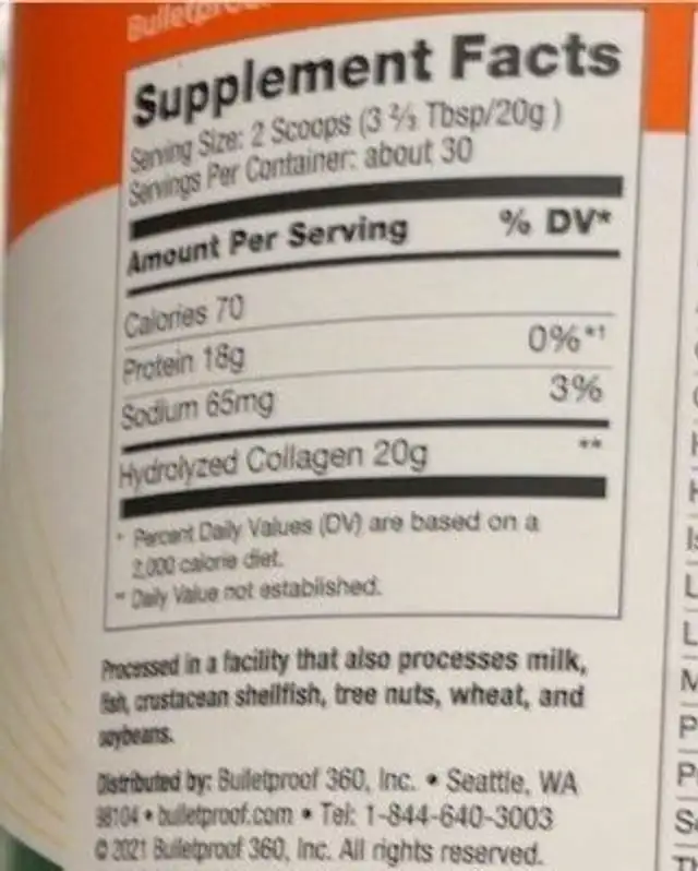bullet proof unflavored Collagen protein nutrition facts table