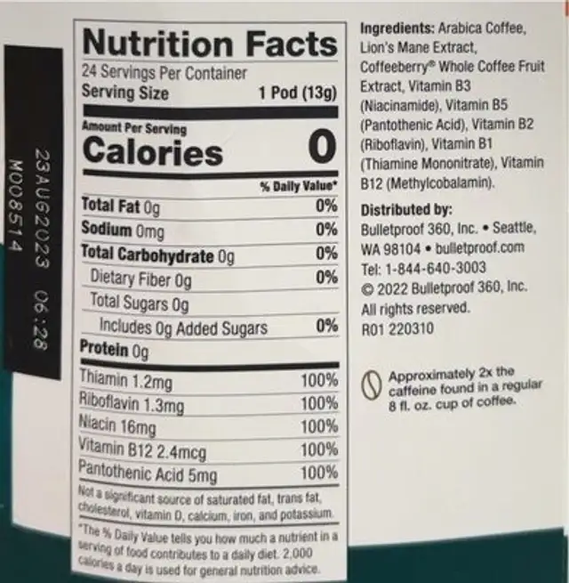 Bulletproof coffee pod nutrition facts table