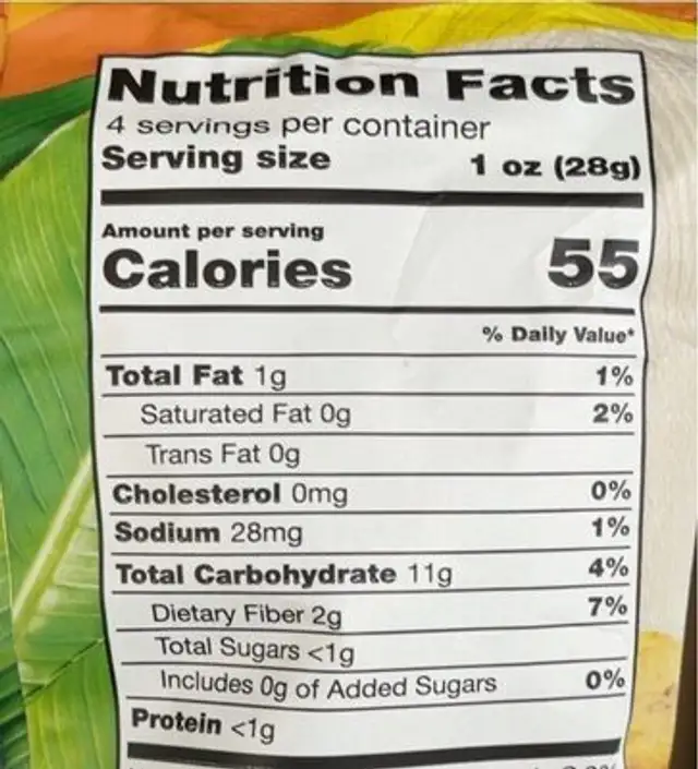 Tostones Original nutrition facts table