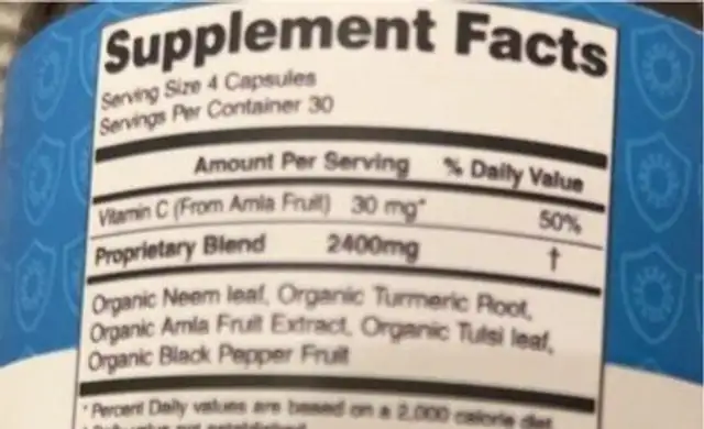 Neem & tumeric nutrition facts table