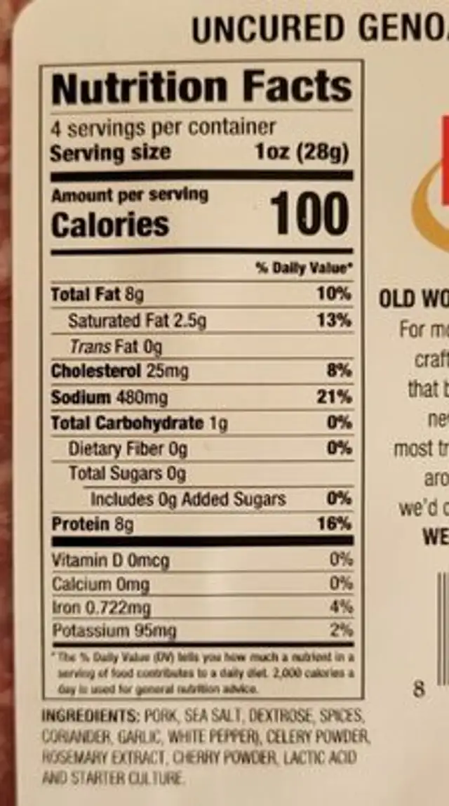 Principe uncured Genoa salamo nutrition facts table