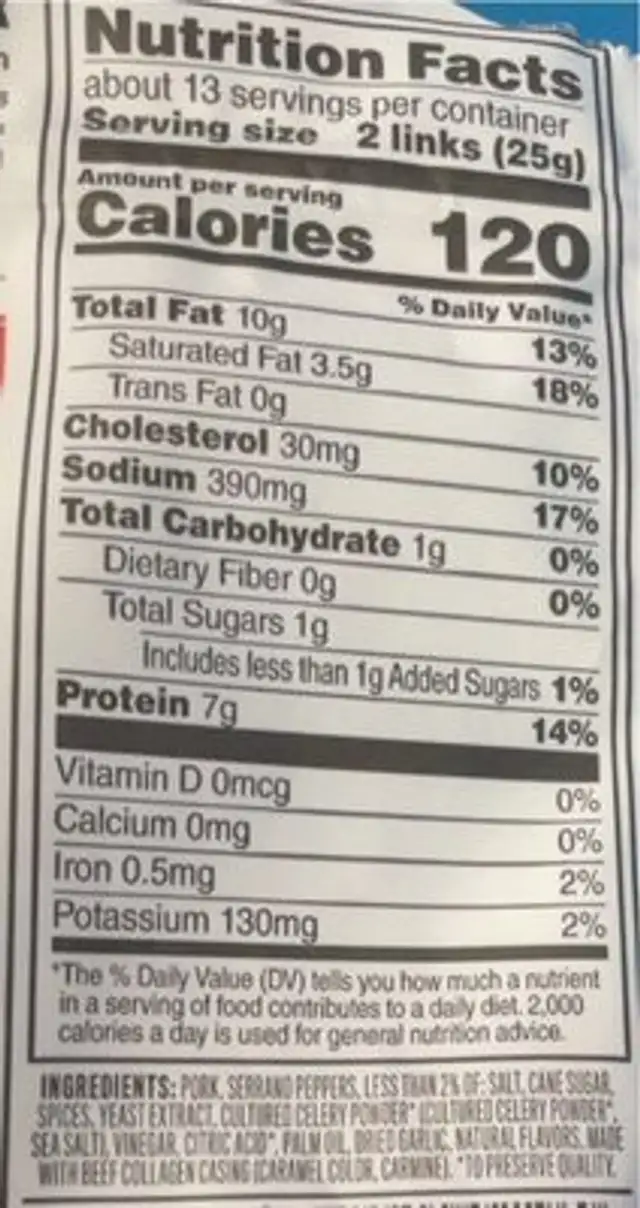 Duke's hot & spicy smoked shorty sausages nutrition facts table