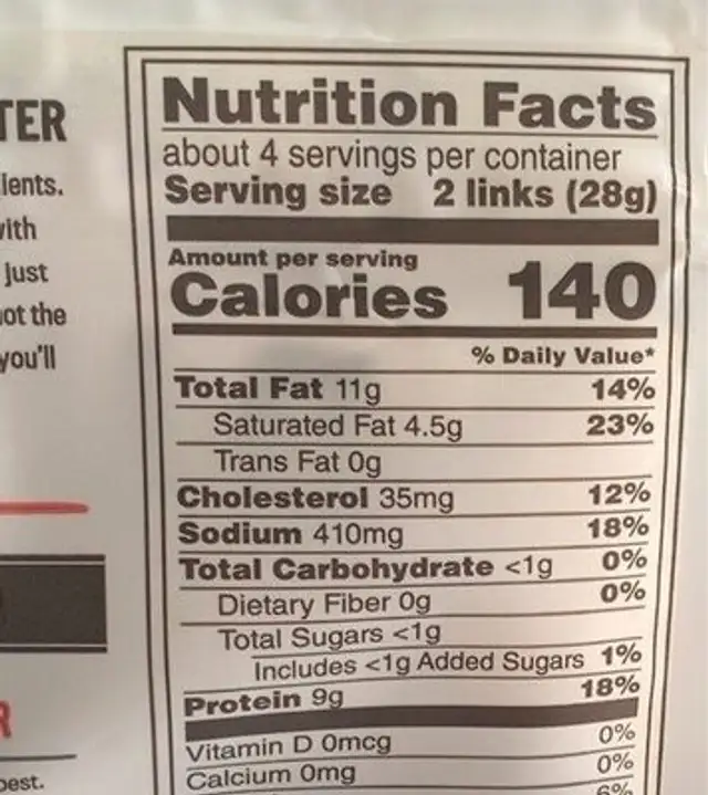 Beef original smoked shorty sausages nutrition facts table