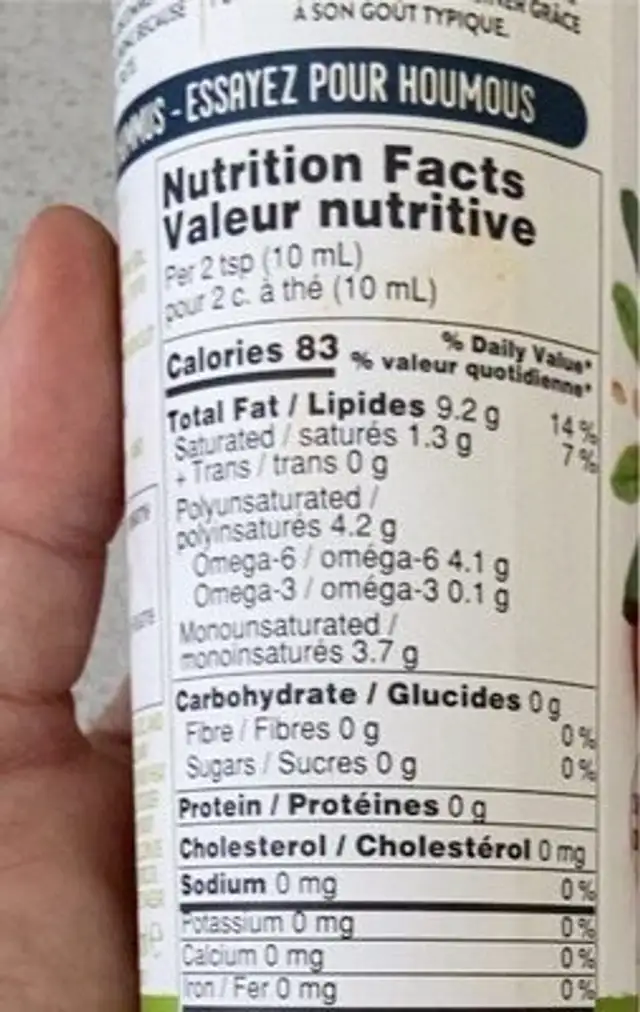 Huile de sésame biologique nutrition facts table