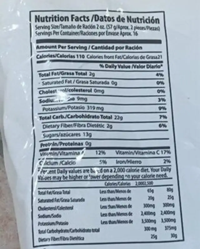100% Natural Ripe Plantain Slices nutrition facts table