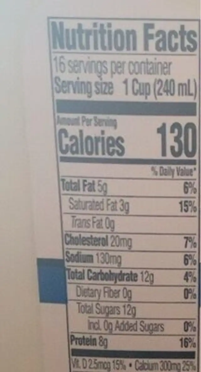 Sedanos Milk nutrition facts table